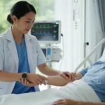 En vårdgivare kontrollerar pulsen vid handleden på en person i en klinisk miljö.