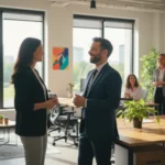 Utveckla ledarskapet för framgång En chef pratar med en medarbetare på en ljus och trevlig arbetsplats.