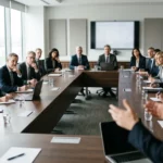 Stärk ledarskapet med fokus på det som fungerar en-kvinna-haller-en-presentation-for-en-grupp-kollegor-i-ett-motesrum